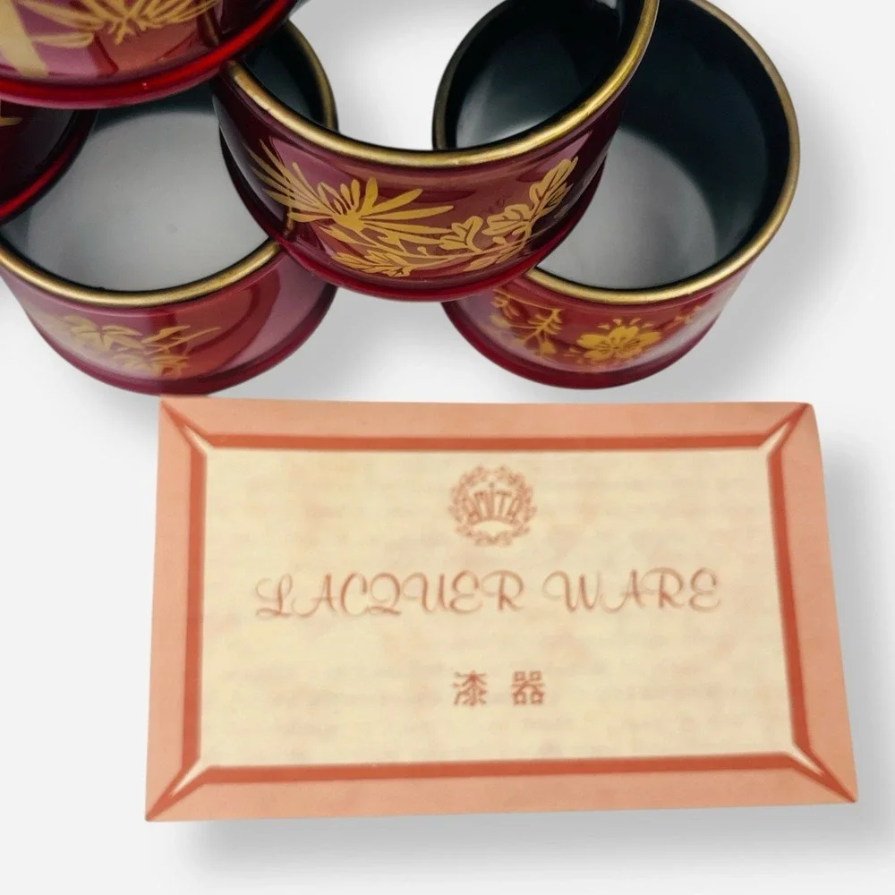 Vintage Japanese Lacquer Ware Napkin Rings Set‎ 6 Red Gold Amita Tokyo Japan